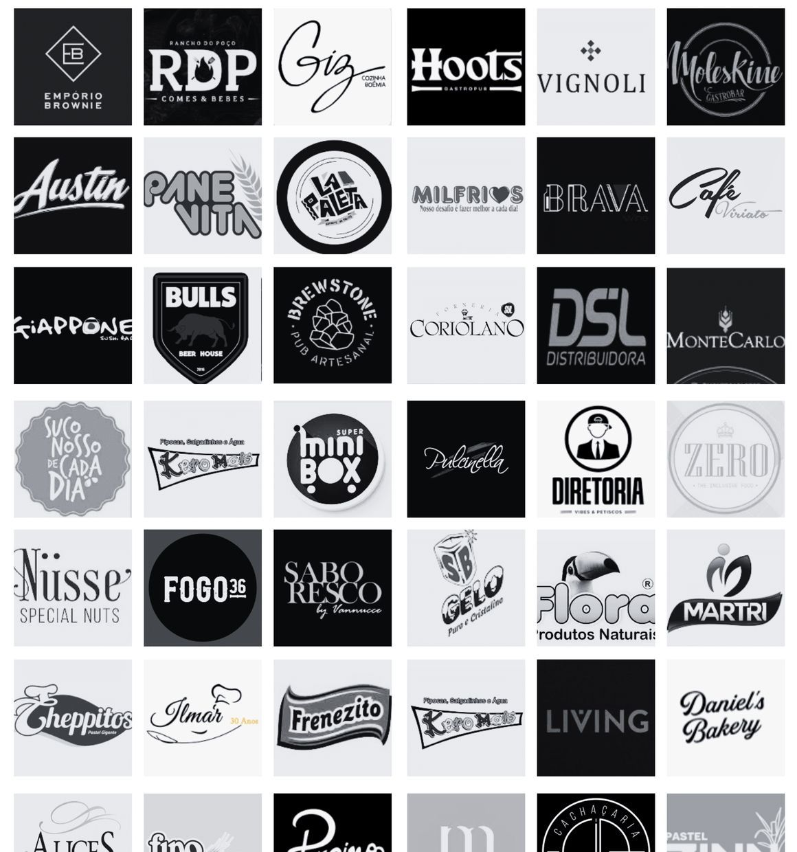 Logomarcas de clientes da RP: Empório Brownie, RDP, Giz, Hoots, Vignoli, Moleskine, Austin, Pane Vita, Bulls, Coriolano, DSL, Monte Carlo, Fogo 36 e outros