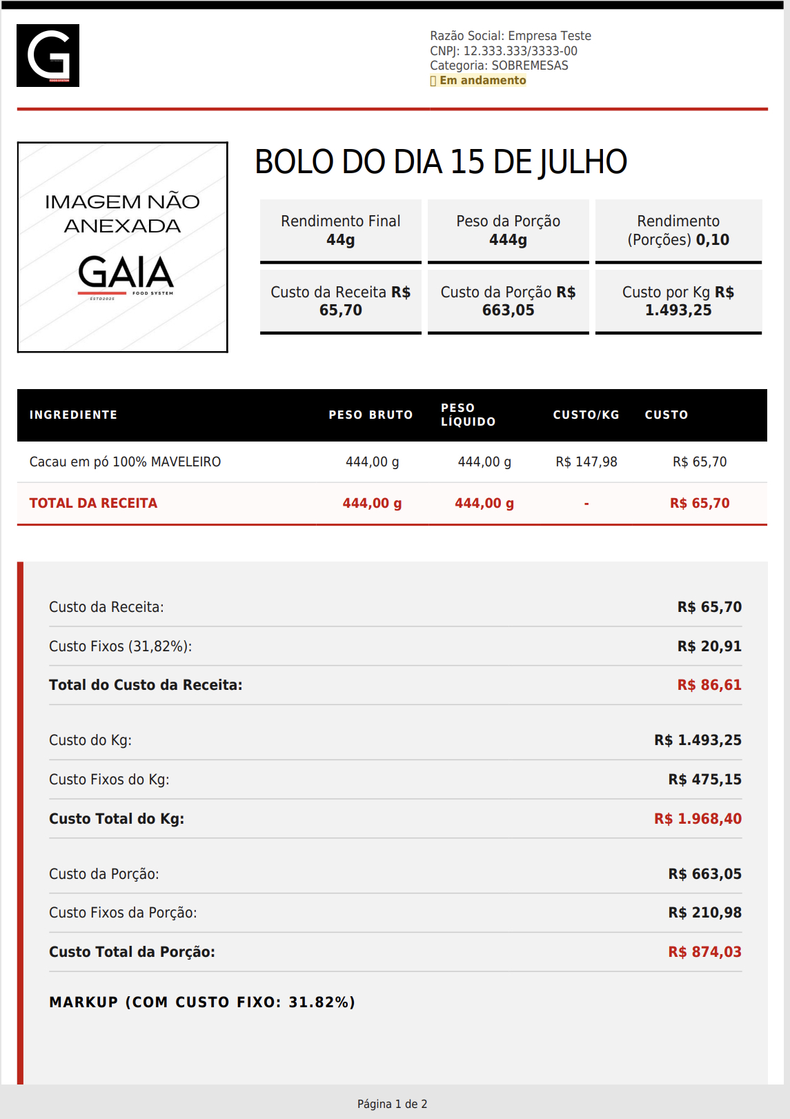 Tela de ficha técnica do GAIA com ingredientes, custos e preparo